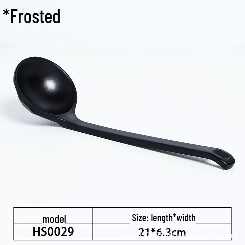 A5 Black Matte Melamine Long Handle Soup Spoon - Food Grade Porcelain Imitation for Restaurants, Hotels, and Hot Pots.