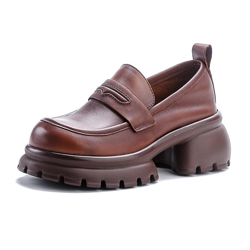 Women's Retro Cowhide Loafers with Thick, Soft Soles - Height-Increasing Leather Shoes for Spring and Autumn