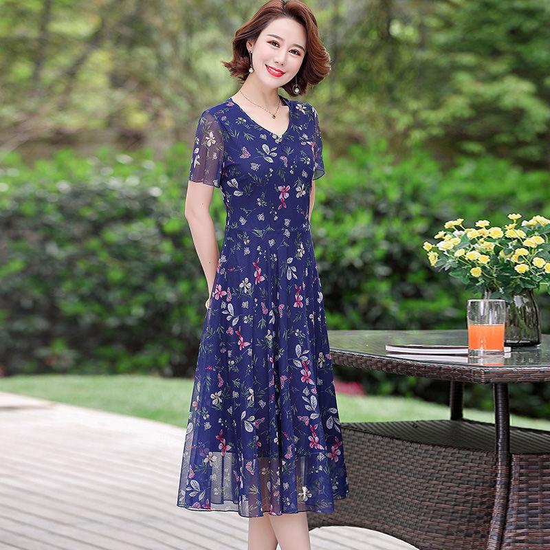 Summer Chiffon Mid-length Plus Size Printed Floral Over-the-knee Dress V-Neck Short Sleeve Elastic Waist