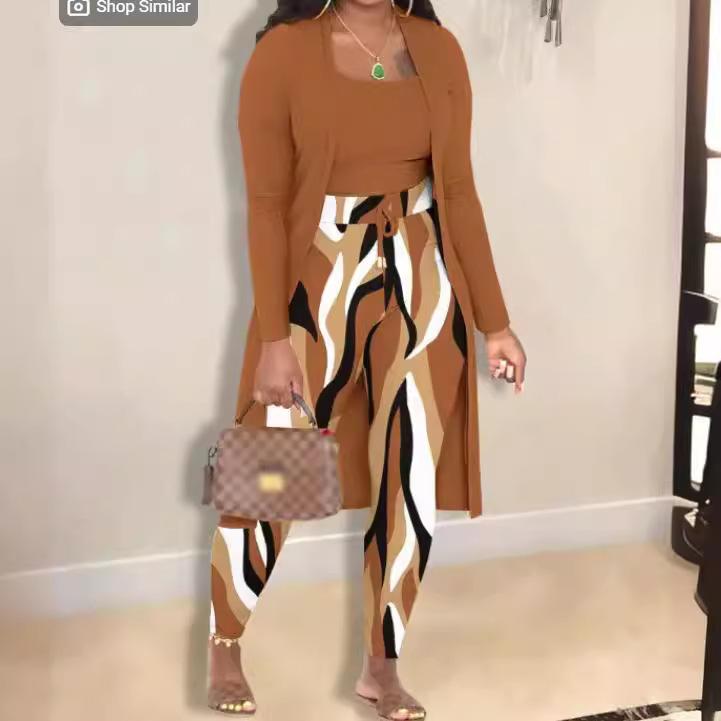 Women's 3-Piece Fashion Sets with Printed Blouse, Pants, and Cardigan in Multiple Colors and Patterns