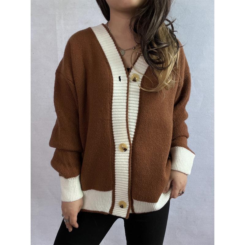 Color Blocking Cardigan V-neck Sweater Women's Loose Knitted Coat Large Size Knitwear Soft Fabric Warm Comfortable Harajuku Style Autumn Winter