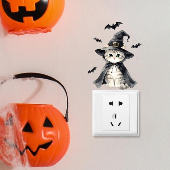 Kids Room Wall Accents Halloween Wizard Cat & Bat Switch Sticker, Self-Adhesive Light Decal, Party Supplies Removable Decor for Bedroom Living