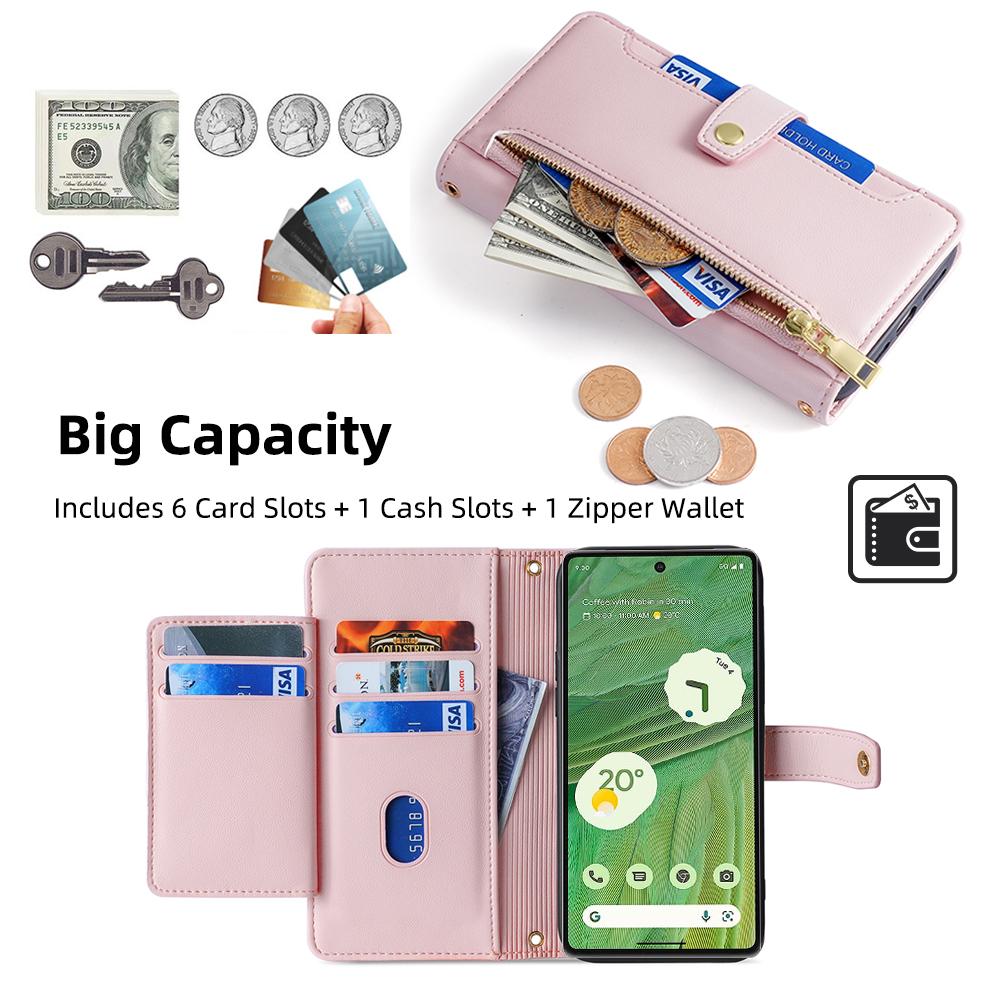 For Google Pixel 7 5G PU Leather Stand Case Zipper Pocket Phone Cover with Wrist Strap and Shoulder Strap
