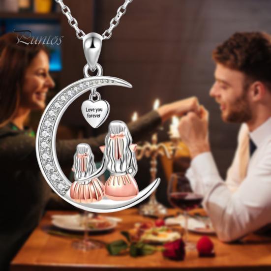 Love You Forever Moon Necklace for Women Mom Daughter Sitting On The Moon Pendant Necklace Jewelry Gift for Christmas Valentine's Day Birthday