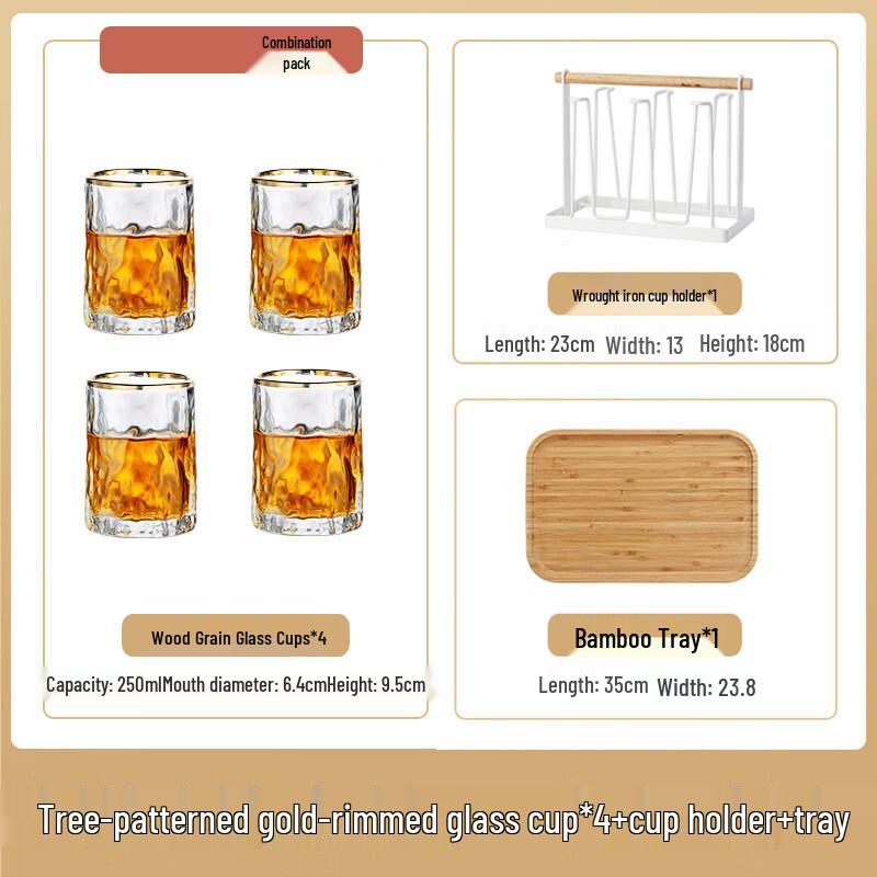 Creative Tree Grain Transparent Glass Water Tea Cup Set 4 Cups + Cup Holder + Tray