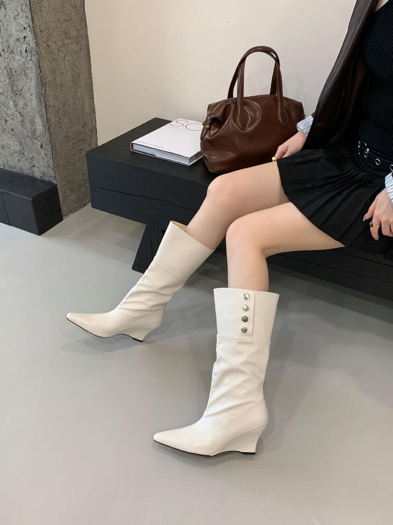 2025 New Medium Boots Women's Niche Design Two-wear Stacking Boots High Knight Boots Wedge Heel Western Cowboy Boots