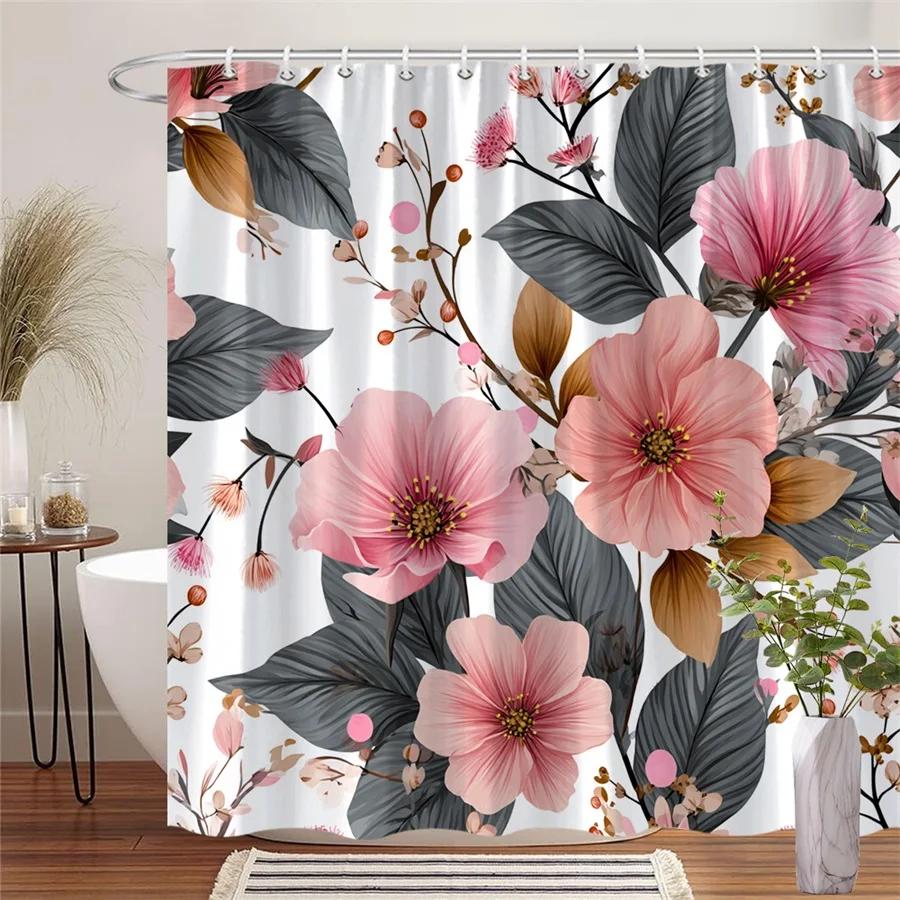 1Pc Pink Peony Branch Shower Curtain - Realistic Floral Design With Brown Branches & Dark Green Leaves On White Background,