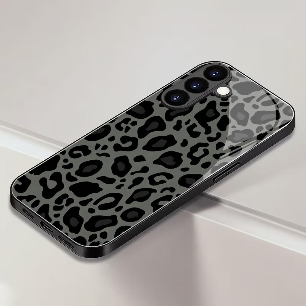 Leopard Black Tempered Glass Phone Case Suitable for Samsung GalaxyS26 S25 S24 S23 S22 S21 S20FE/Ultra/Plus Anti Drop Back Cover