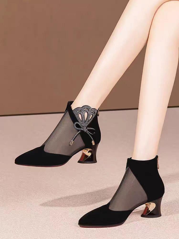 Baotou High-heeled Cool Boots Women's Thick-heeled Mesh Hollowed-out Sandals Women's Summer New Fashion Rhinestone Bow Versatile Net Boots