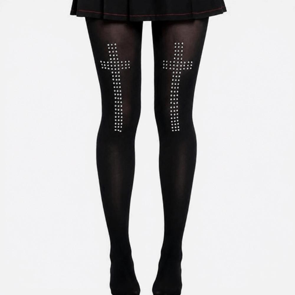 Vintage Cross Pantyhose Breathable Rhinestone Stockings Fashion Black Gothic Tights Party Wear