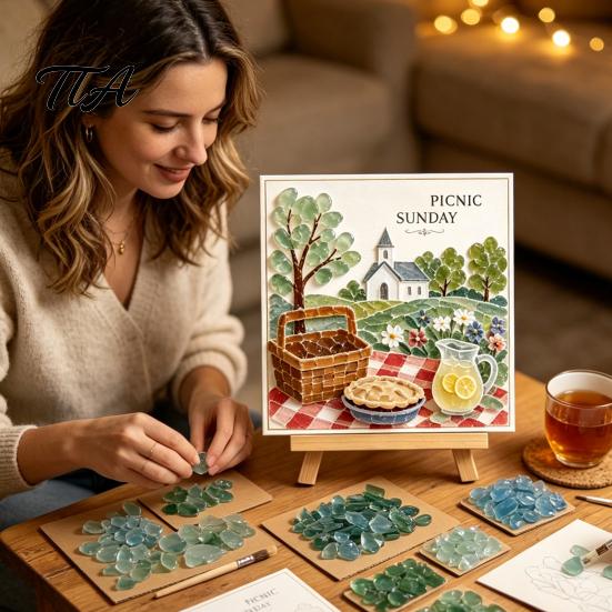Sunday Traditions Sea Glass Art Kit Kit, DIY Mosaic Relaxing Craft Kits for Families Morning Adults Teens, Handmade Home Decor Desktop Ornament Set
