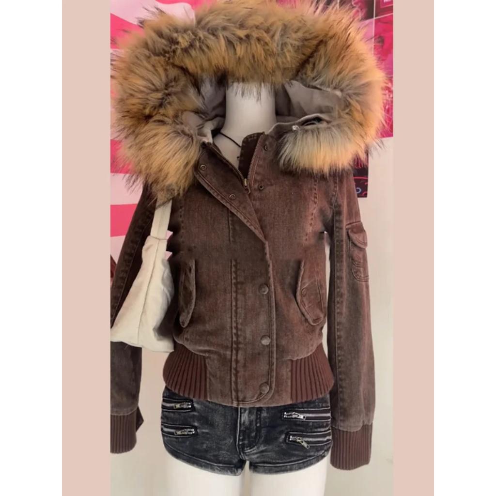 2KWEIRD Vintage Brown Fur Collar Hooded Jacket For Women Slim Fit Long Sleeve Pocket Coat New Female Autumn Winter Solid Streetwear