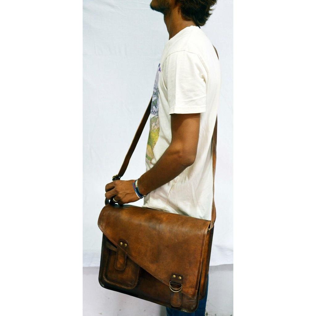 Handmade Genuine Goat Leather Men's Brown Laptop Messenger Satchel Shoulder Bag