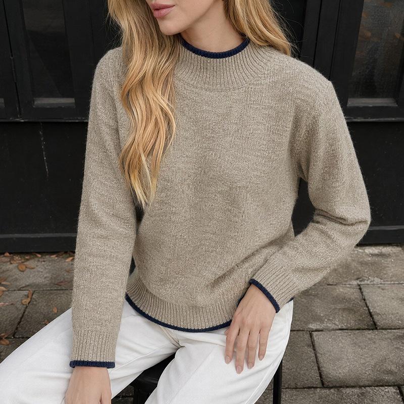 Women's Color Block Trim Pullover High Collar Sweater - European and American Fashion Knitwear