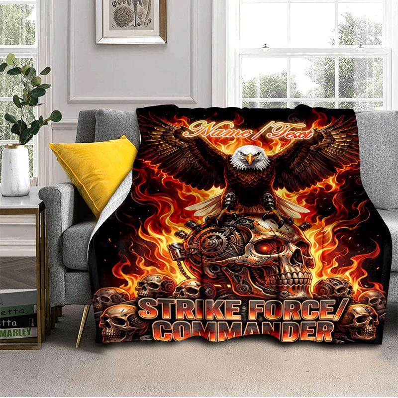 1PC Custom Name Eagle Skull Fire Power flannel blanket versatile,all-season throw suitable for the living room,bedroom,camping,travel,and gift
