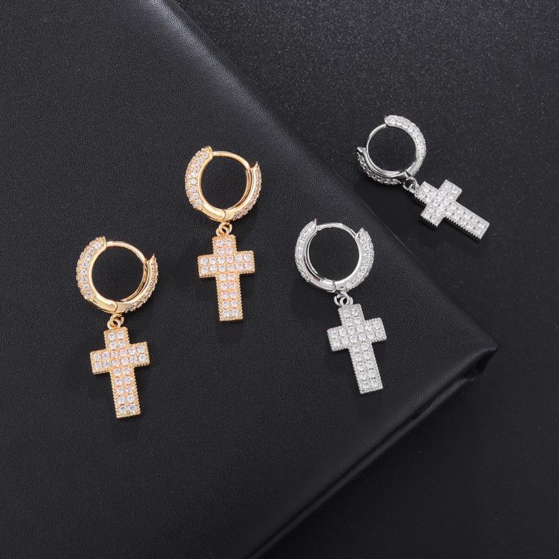 Hip Hop Iced Out Cross Dangle Earrings for Men Women Bling Silver Color Cubic Zircon Earrings Anti Allergy