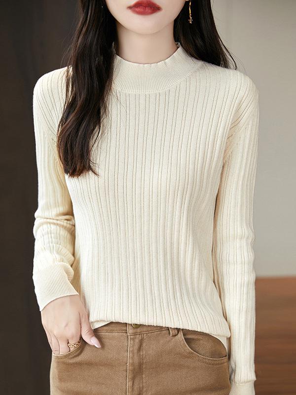 Women's Uneven Stripe Ribbed Cotton Knit Sweater - Half-High Neck Autumn/Winter Inner Layer Top