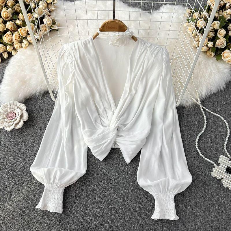 Cross French Style Long Sleeve Fall High-Waist Blouse 2024