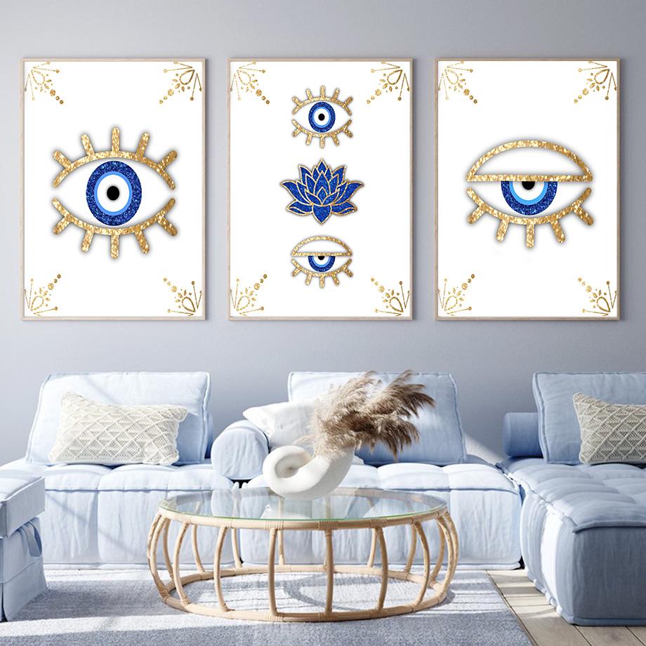 Paintings for Interior Abstract Evil Eyes Lotus Canvas Wall Art Gold Blue Posters and Prints for Living Room No Frame
