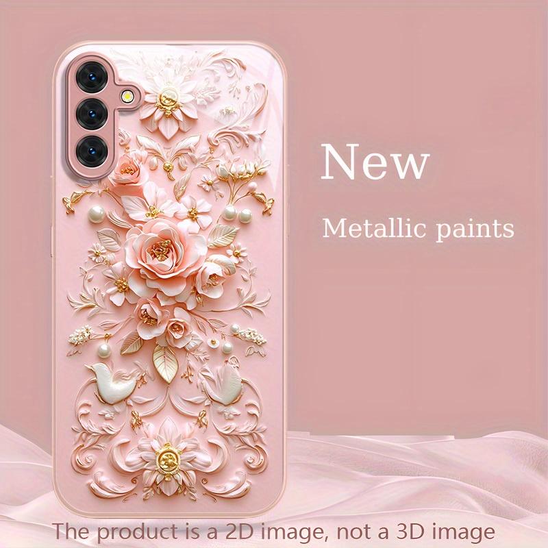 Pink floral metallic paint glass phone case suitable for Samsung Galaxy S26 S25 S24 S23 S22 S21 S20 FE/Ultra/Plus anti drop