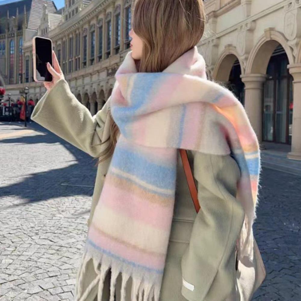 Tassel Plaid Wool Scarf Mohair Long Shawl Elegant Winter Cashmere Scarves  Student
