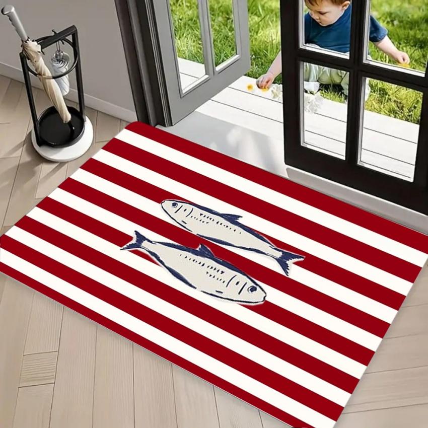 Gestreept Vis Gebiedskleed Tapijt Antislip Vloermat, Vintage Twee Blauwe Sardine Print Wasbaar Welkomkleed voor Voordeur Entree 40x60cm