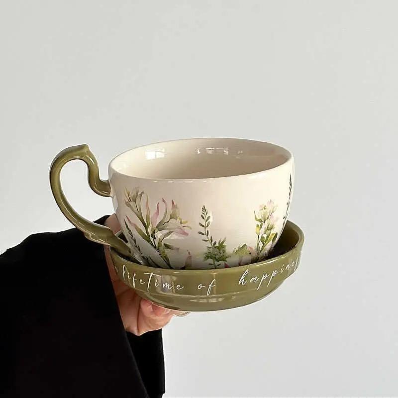 460ml Large Capacity Ceramic Cup with Cover, Breakfast Cup with Crank, Retro Rural Style Ceramic Mug Coffee Cup and Dishes Sets