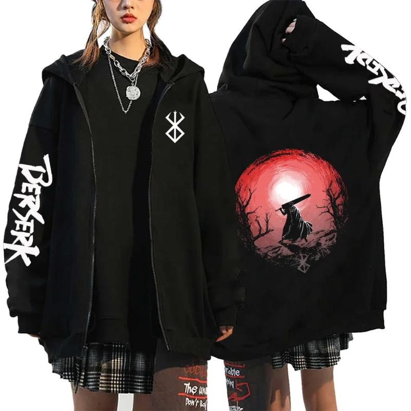 Anime Furious Guts Manga Pattern Print Zipper Hooded Fall Winter Men Women Casual Long Sleeve Sweatshirt Streetwear