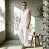 European Summer Men's Linen Sleeveless Lapel Shirt & Long Pants Set - Breathable Casual Two-Piece