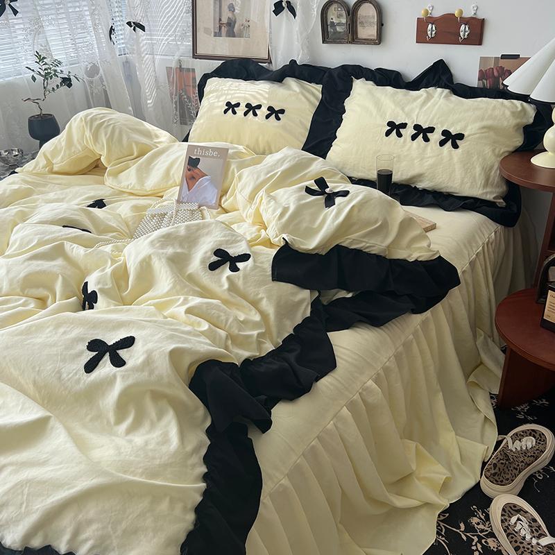 Korean Princess Style Kawaii Girl Black Bow Bedding Set Skin-friendly Soft Duvet Cover Set Bed Sheet Or Bed Skirt Pillowcases