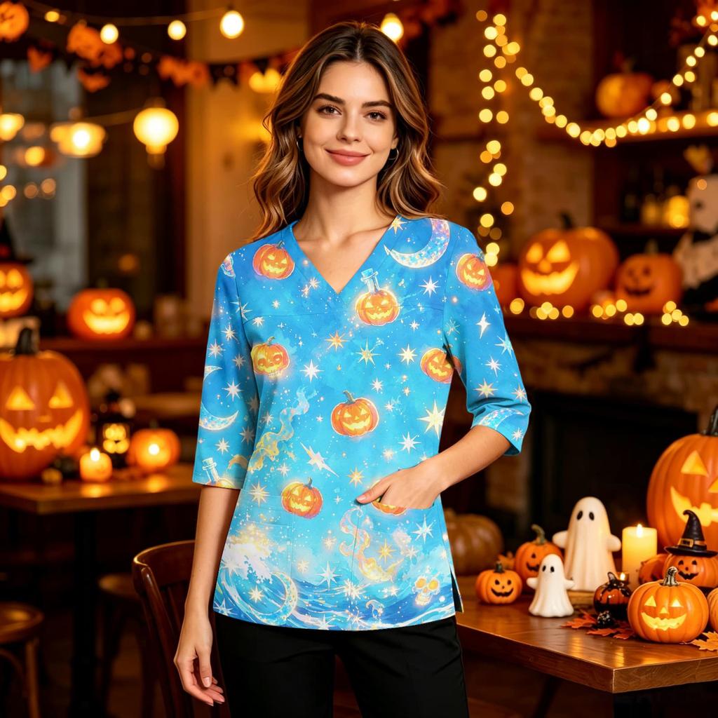 Women's Casual V-Neck Scrub Top with Pockets and Side Slits, 3/4 Sleeve Halloween Print