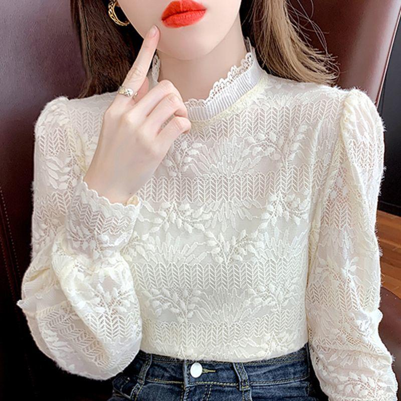 Women's Elegant Lace Long-Sleeve Base Layer Top, French Style, Plus Size, Autumn 2025 Collection