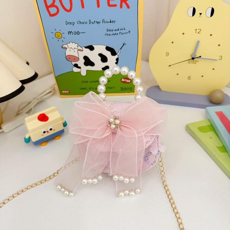 Charming Pink Bow Sequin Girls Shoulder Bag With Pearl Chain For Kids Fashion