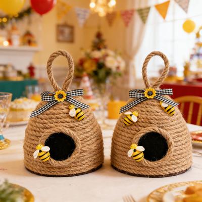 Vävd Rep Bikupa Hängande Prydnad Handgjord Rustik Hänge med Solros Och Rosett för Sovrum Vardagsrum Gård Vårfest Dekoration