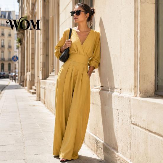 Everyday Wear Jumpsuit Women's Long Sleeve Jumpsuit, Deep V Neck Loose Wide Leg Women Rompers, High Waist Summer Casual One Piece Outfits with Pockets