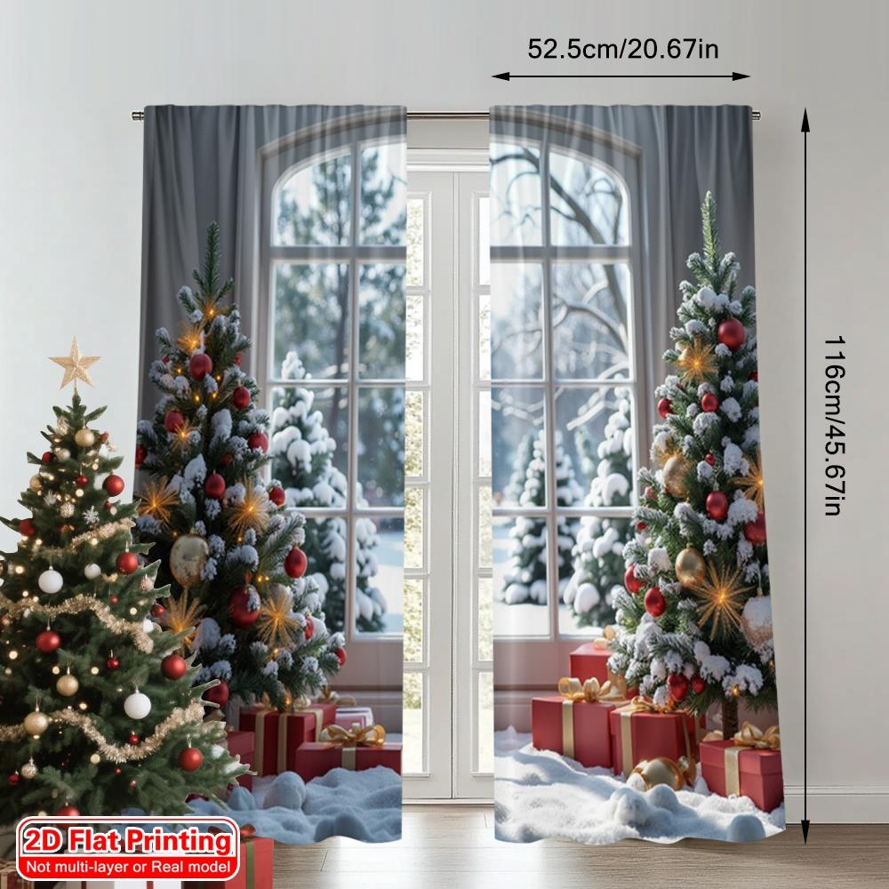 2pcs 2D Flat Printing Merry Christmas Drapes Winter Christmas Tree Snow Holiday Polyester Without Electricity Family Party for