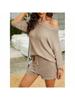Women's Two Piece Knit Lounge Set Off Shoulder Top and Shorts Matching Cute Pajama Outfit