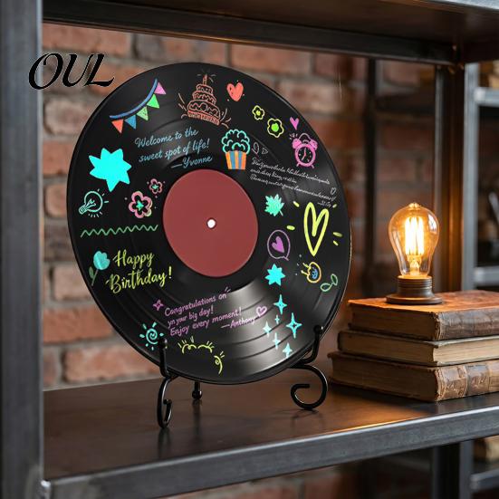 Decorative Vinyl Record Display DIY Graffiti Clock Ornament, Reusable Blank Acrylic Retro Tabletop Multi-color Marker Craft Wall Decor with
