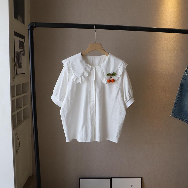 

Summer 2025 Korean-Style Peter Pan Collar Blouse with Sweet Cherry Decor and Bubble Sleeves for Women One Size білий