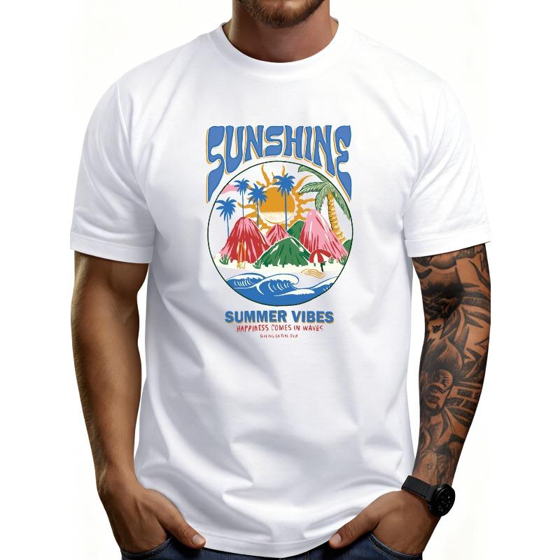 European Size Casual Summer Style Men S T-Shirt Sunshine Summer Vibes Tropical Beach Scene with Palm Trees Mountains And Ocean Waves Graphic Design S