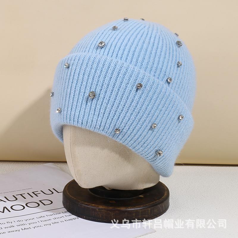 Autumn and winter casual versatile rhinestone rabbit fur wool hat women's fashion heavy industry cold hat warm windproof cover knitted hat