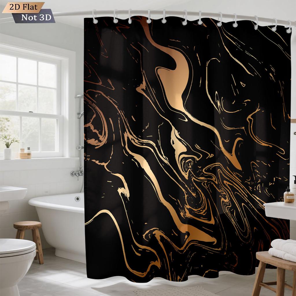 1Pc Marble Texture Printed Waterproof Privacy Partition Shower Curtain With 12 Hooks, Multiple Sizes Machine Washable