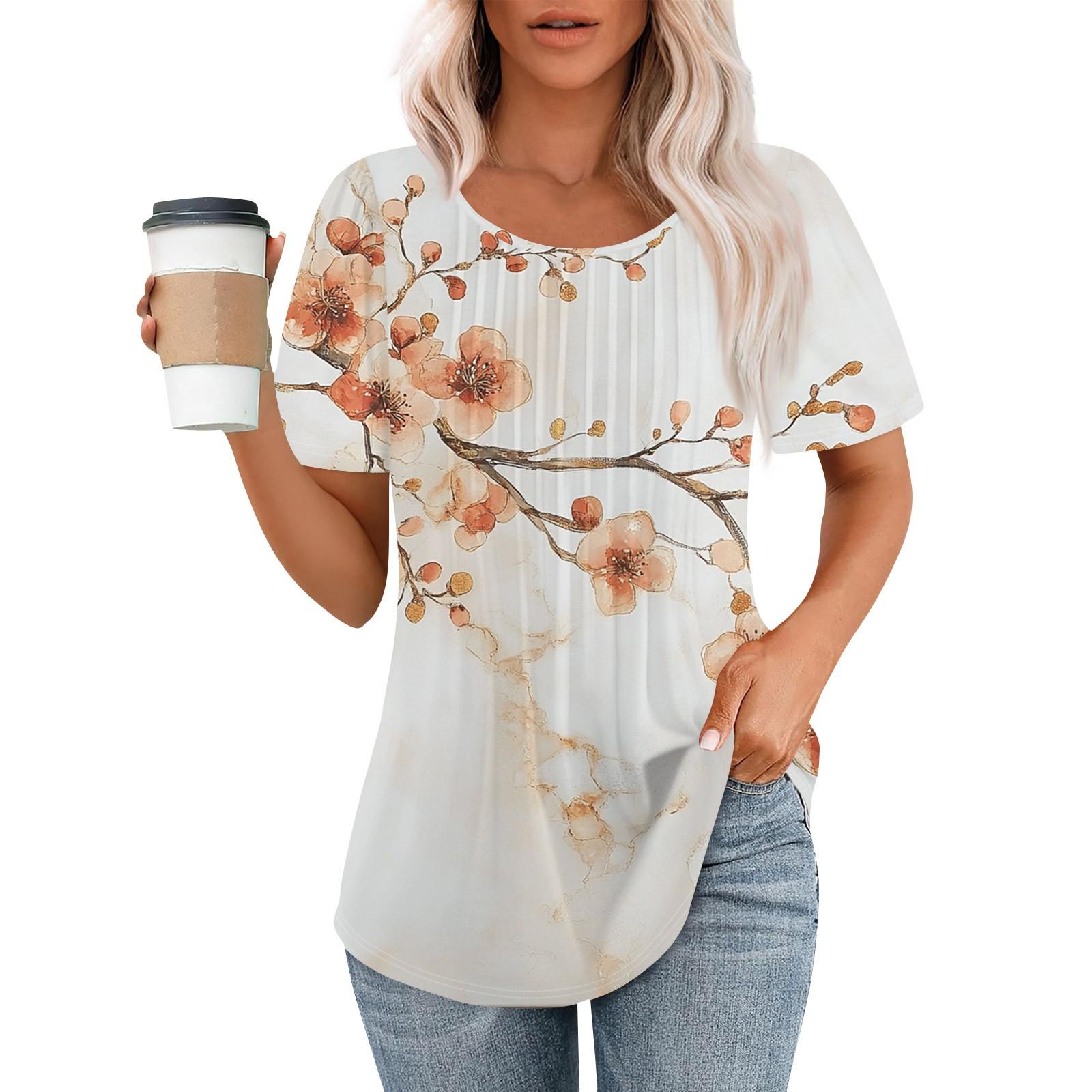 

Women s Fashionable Casual Pleated Round Neck Striped Flower Printed Short Sleeved T Shirt Top S красный