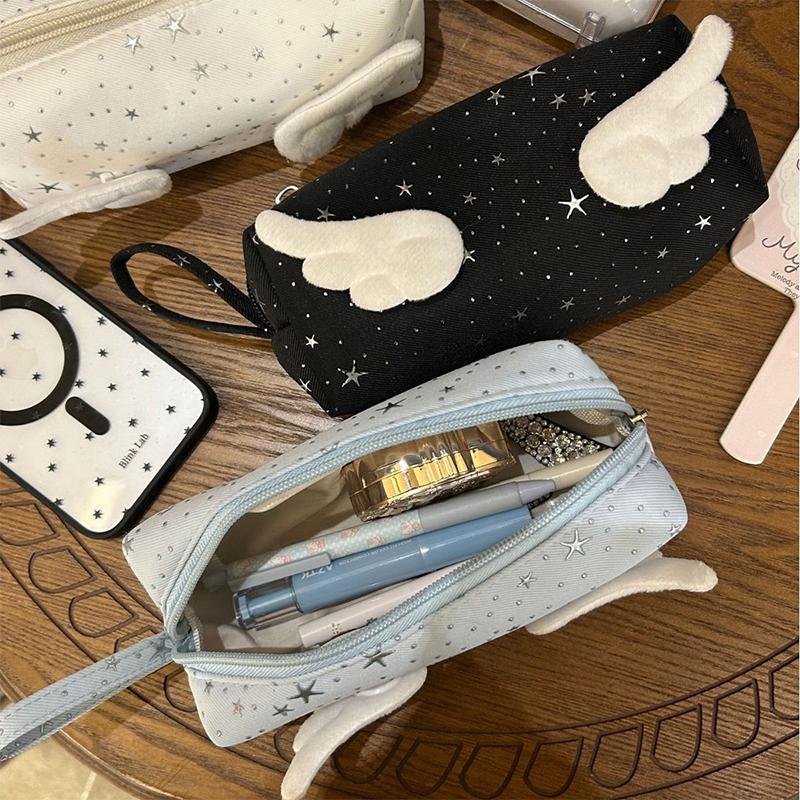 Korean Style Y2K Wings Star Dots Pencil Bag Large Capacity Desktop Stationery Storage Pen Case