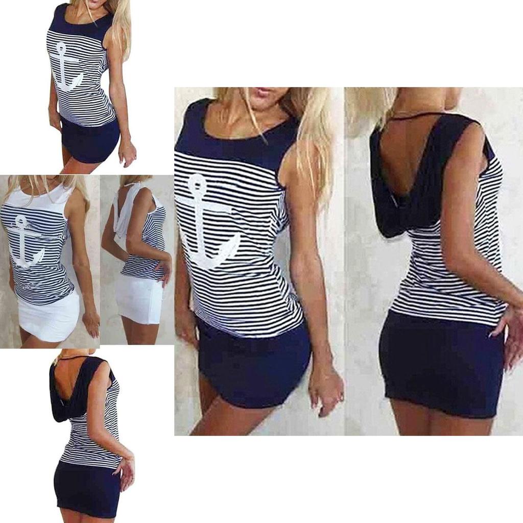 Vesta Kotva Pruhované Šaty Bez Rukávů Topy Kulatý Výstřih S Kapucí Sexy Bodycon Mini Šaty