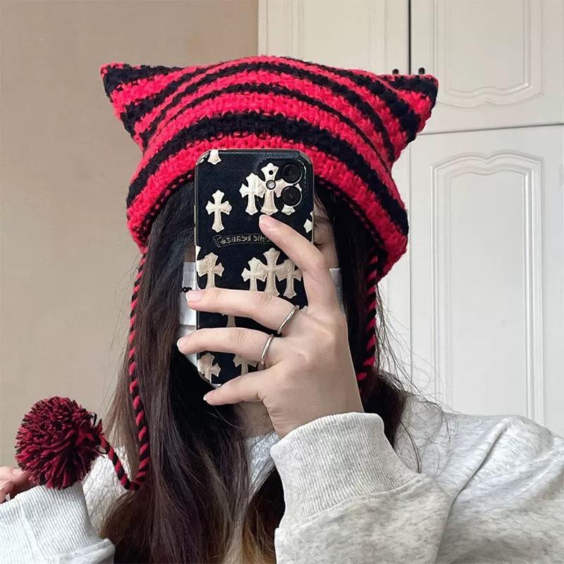 Japanese Streetwear Harajuku Beanie Hat Little Devil Striped Knitted Hat ForWomen Girls Autumn Winter Cute Cat Ears Cap