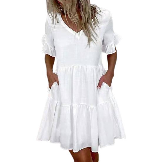 Summer Women Dress Color Block Short Ruffle Sleeve V Neck Pockets Floral