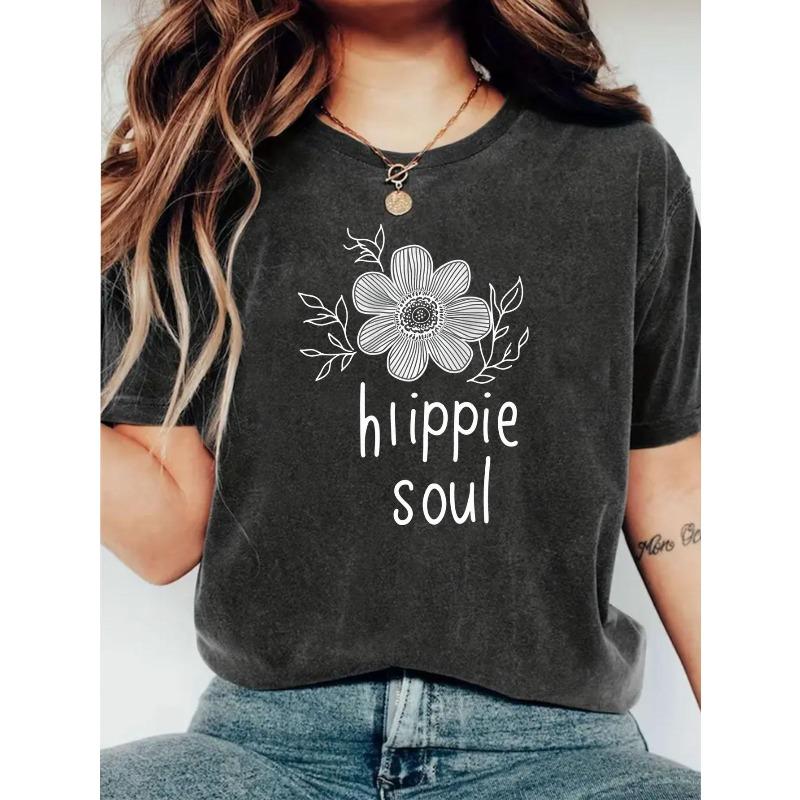 Women's Hippie Life Printed Crew Neck T Shirt, Women's Casual Short Sleeve Top, Suitable Round Neck Top for All Seasons