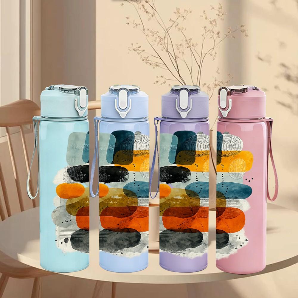 1PC Abstract Geometric Shape Modern Print 750ml Color Plastic Sports Water Bottle Leakproof Flip Straw Lid Suitable for Sports Office Home Use