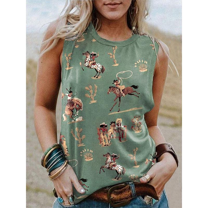 New retro western denim sleeveless T-shirt with women's 3D horse print, round neck and off shoulder vest, Y2K sleeveless T-shirt, women's clothing